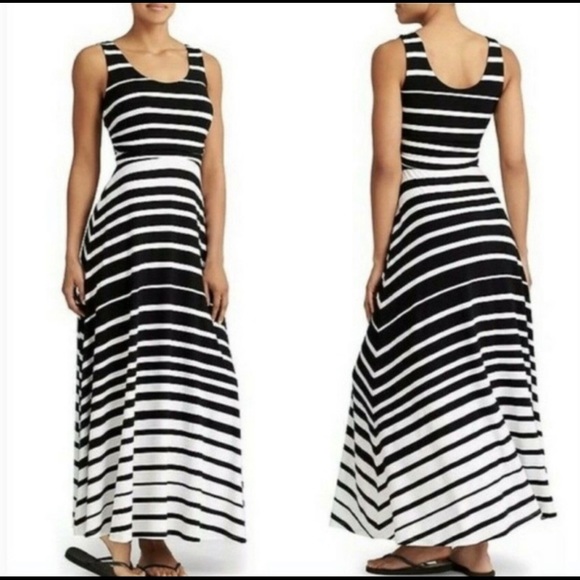 dark blue and white striped dress